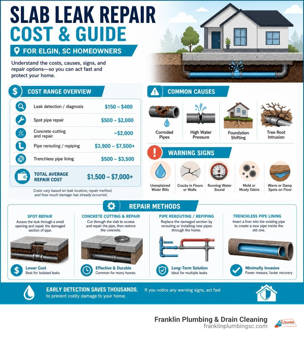 Infographic showing slab leak repair cost ranges, common causes, warning signs, and repair methods for Elgin SC homeowners