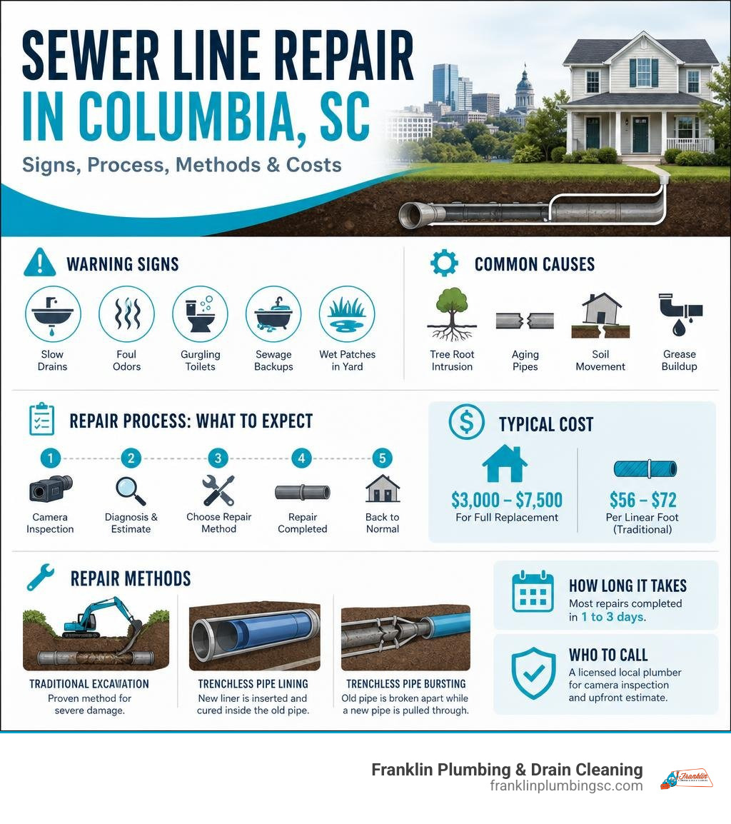 Infographic showing sewer line repair process steps, warning signs, costs, and methods in Columbia SC infographic Infographic showing sewer line repair process steps, warning signs, costs, and methods in Columbia SC infographic