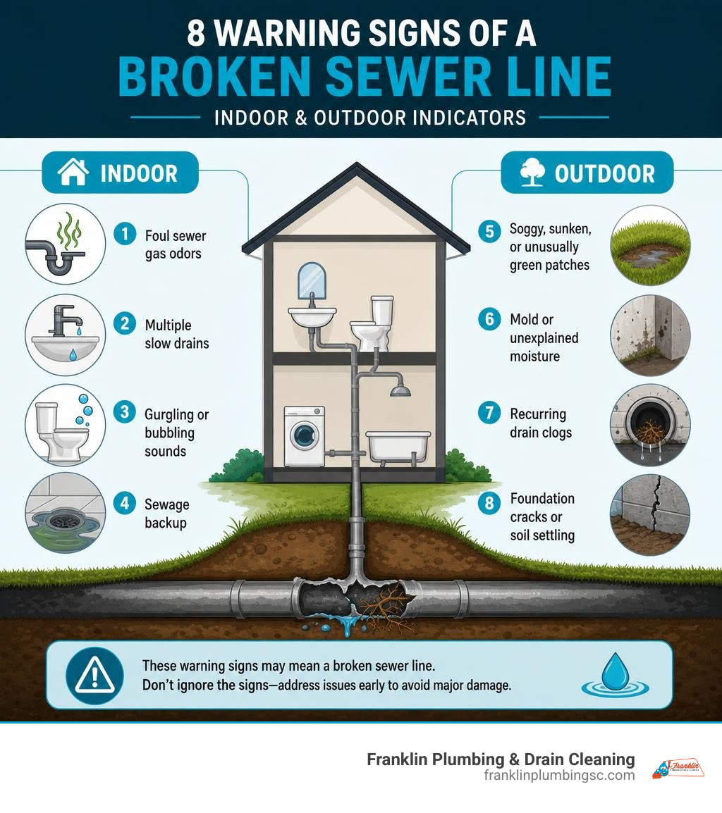 Infographic showing 8 warning signs of a broken sewer line with indoor and outdoor indicators infographic