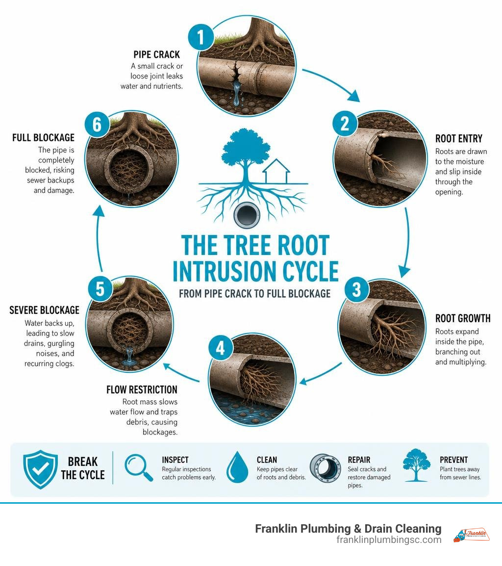 Infographic showing the tree root intrusion cycle in sewer lines from pipe crack to full blockage infographic Infographic showing the tree root intrusion cycle in sewer lines from pipe crack to full blockage infographic