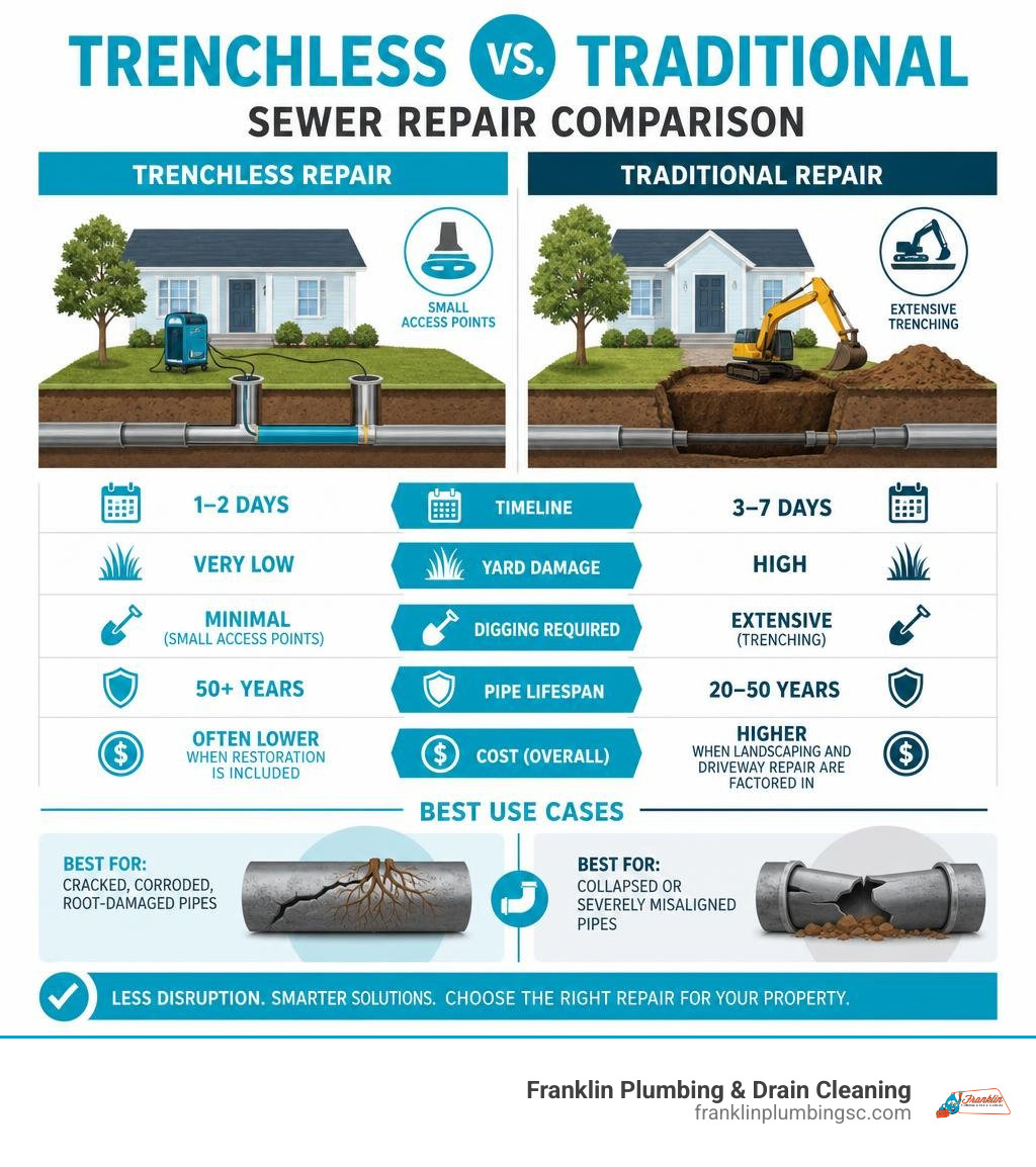 Infographic comparing trenchless vs traditional sewer repair methods, costs, timelines, and best use cases infographic Infographic comparing trenchless vs traditional sewer repair methods, costs, timelines, and best use cases infographic
