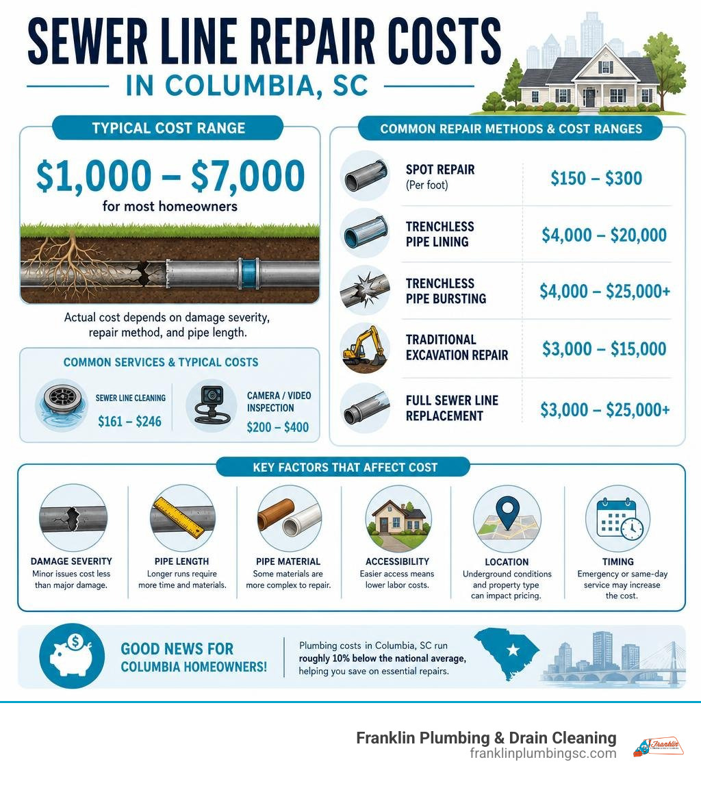 Infographic showing sewer line repair cost ranges, methods, and key pricing factors in Columbia SC infographic
