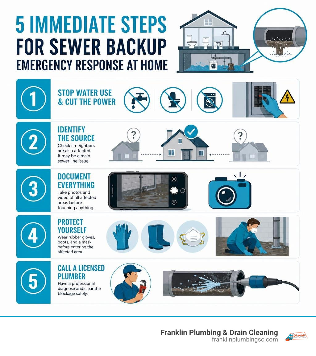 Infographic showing 5 immediate steps for sewer backup emergency response at home infographic