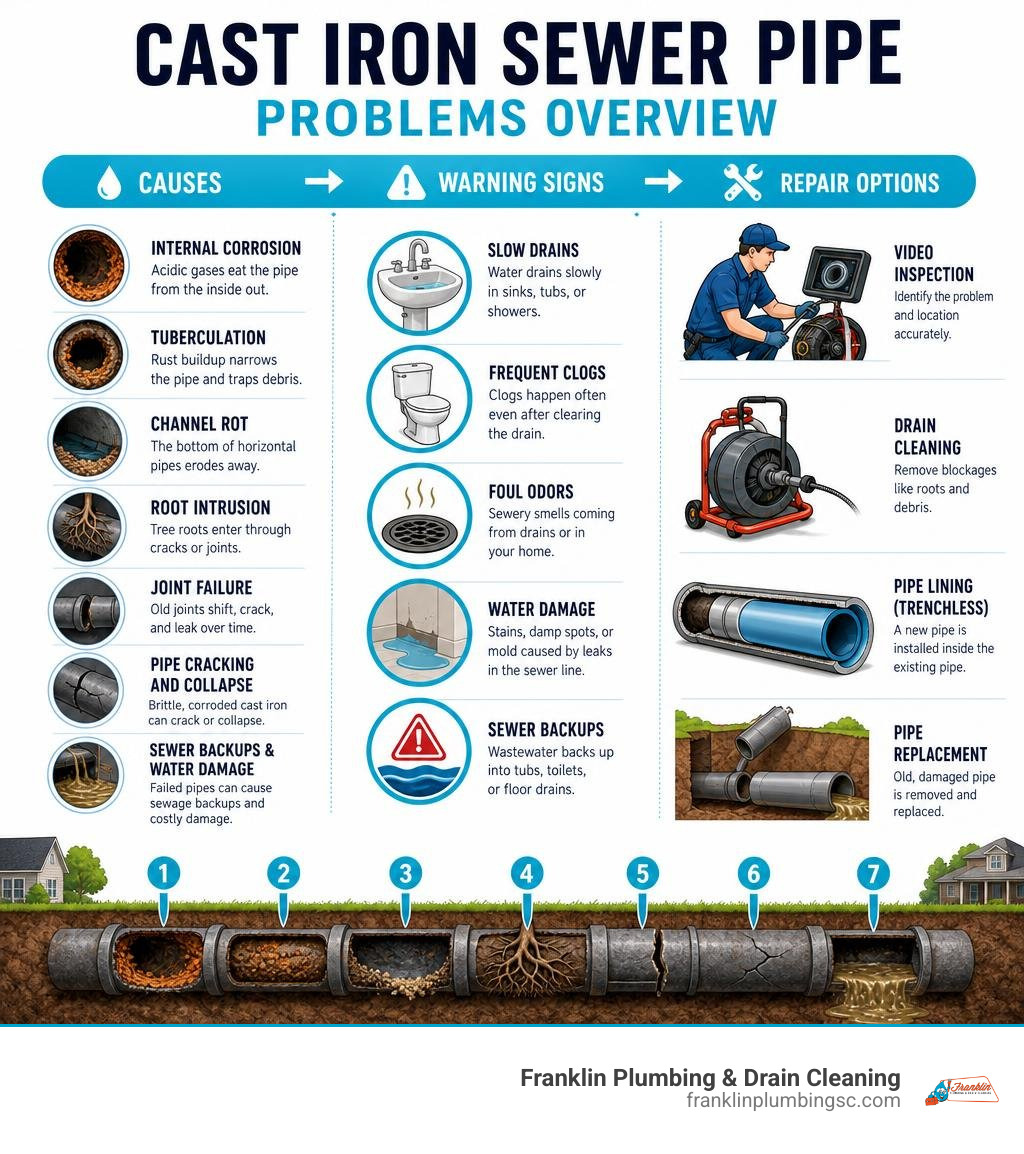 Cast iron sewer pipe problems overview infographic showing causes, warning signs, and repair options infographic Cast iron sewer pipe problems overview infographic showing causes, warning signs, and repair options infographic
