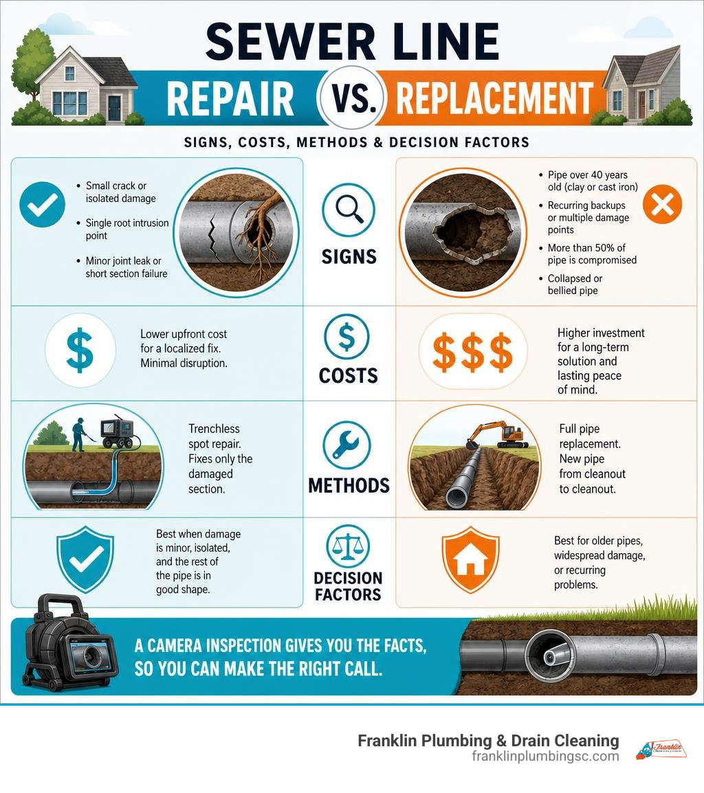 Infographic comparing sewer line repair vs replacement: signs, costs, methods, and decision factors infographic