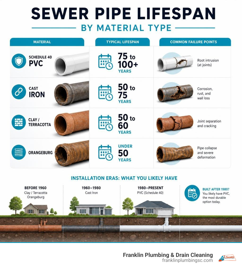 Infographic showing sewer pipe lifespan by material type with failure points and installation eras infographic