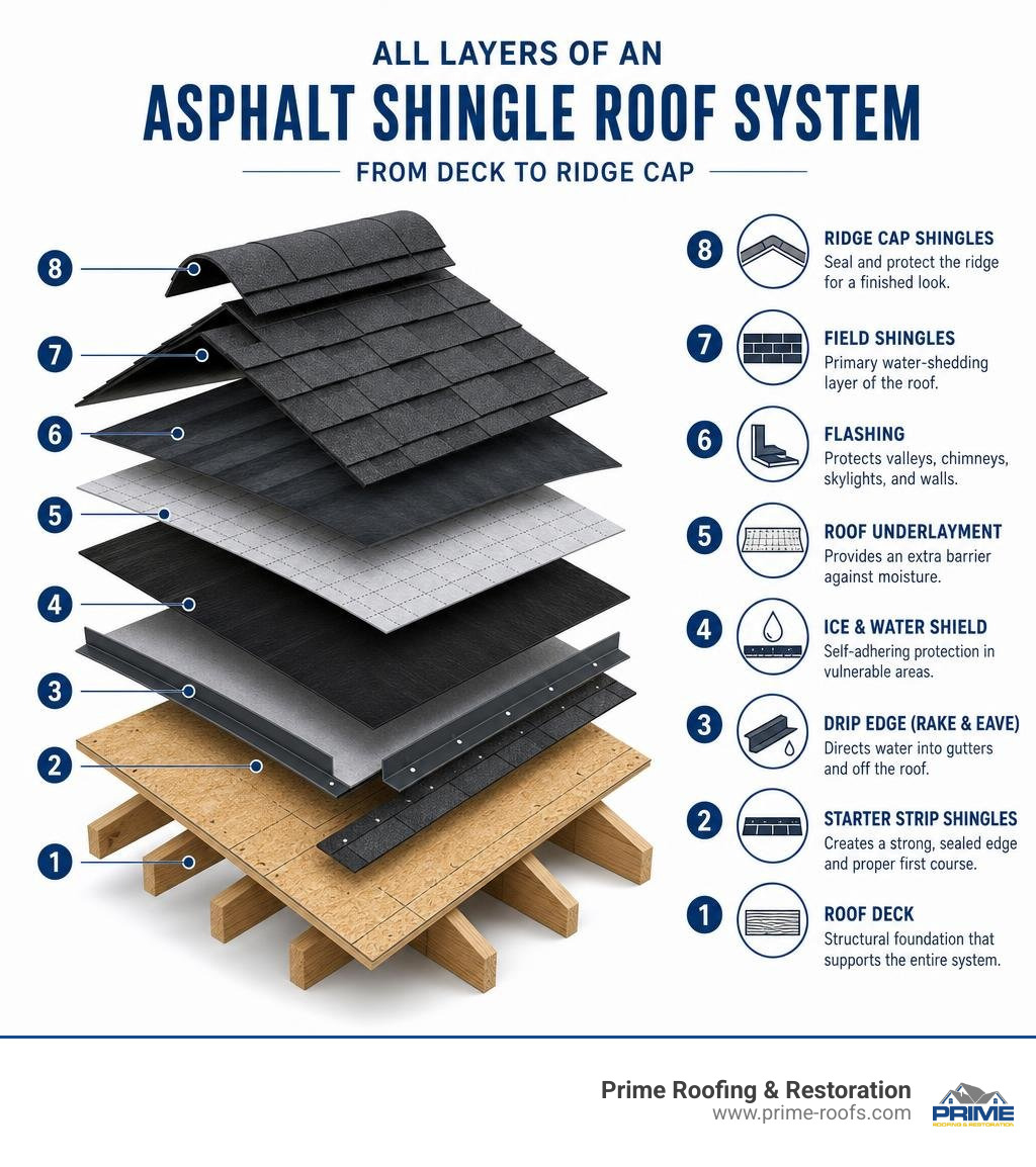 Diagram showing all layers of an asphalt shingle roof system from deck to ridge cap infographic Diagram showing all layers of an asphalt shingle roof system from deck to ridge cap infographic