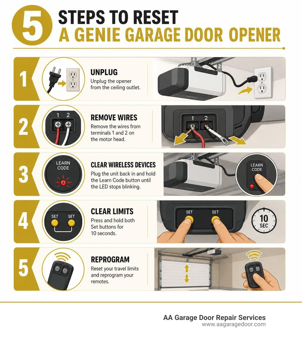 Infographic showing 5 steps to reset a Genie garage door opener: unplug, remove wires, clear wireless devices, clear limits Infographic showing 5 steps to reset a Genie garage door opener: unplug, remove wires, clear wireless devices, clear limits