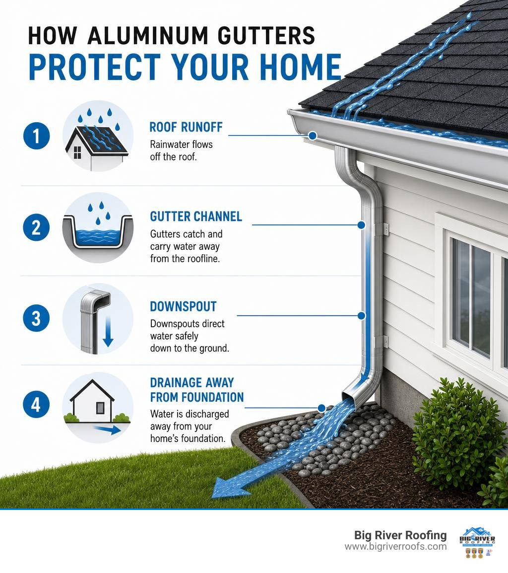 Infographic showing how aluminum gutters protect a home: roof runoff → gutter channel → downspout → drainage away from