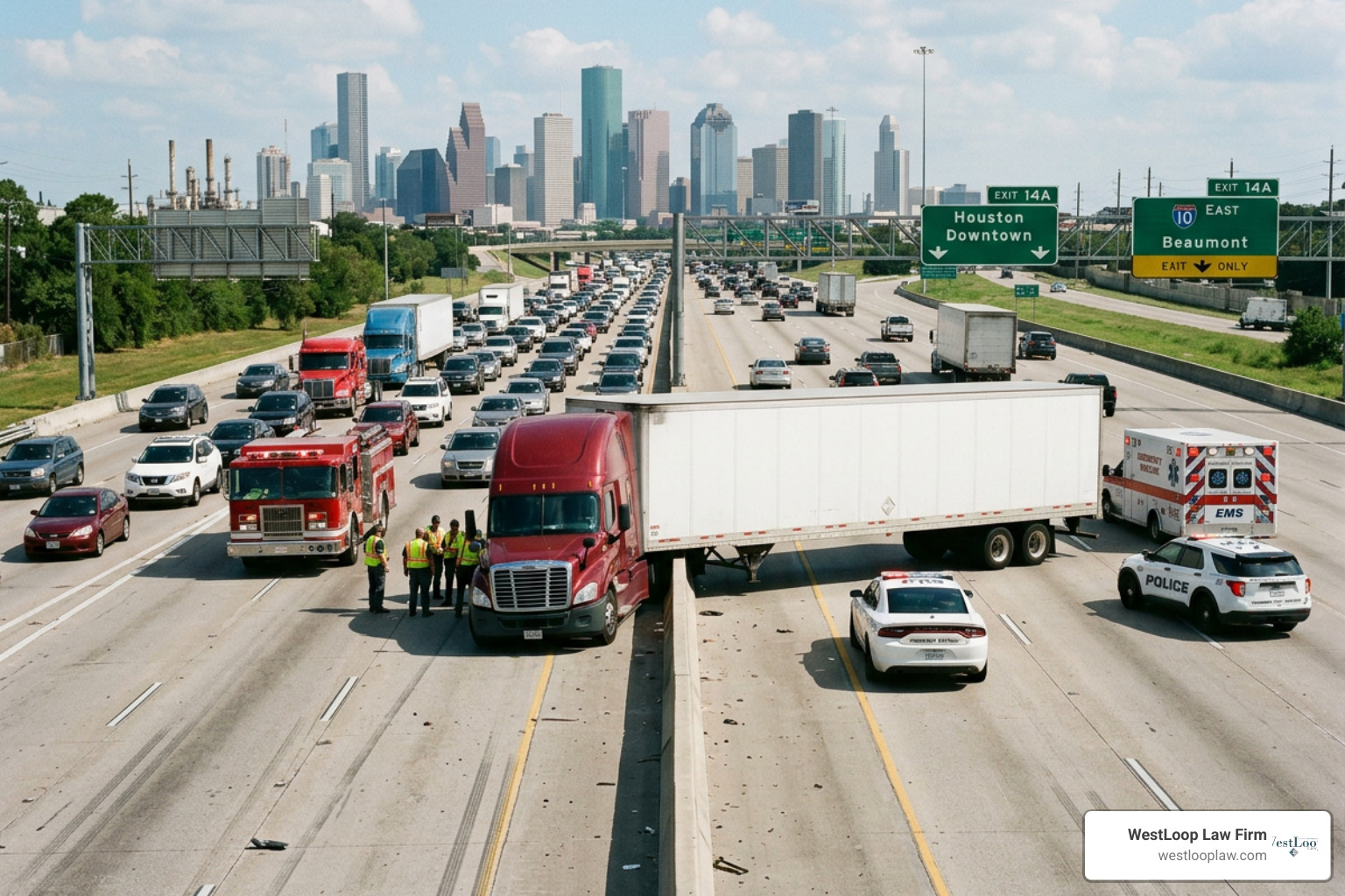 A jackknifed semi-truck blocking traffic on Loop 610 A jackknifed semi-truck blocking traffic on Loop 610
