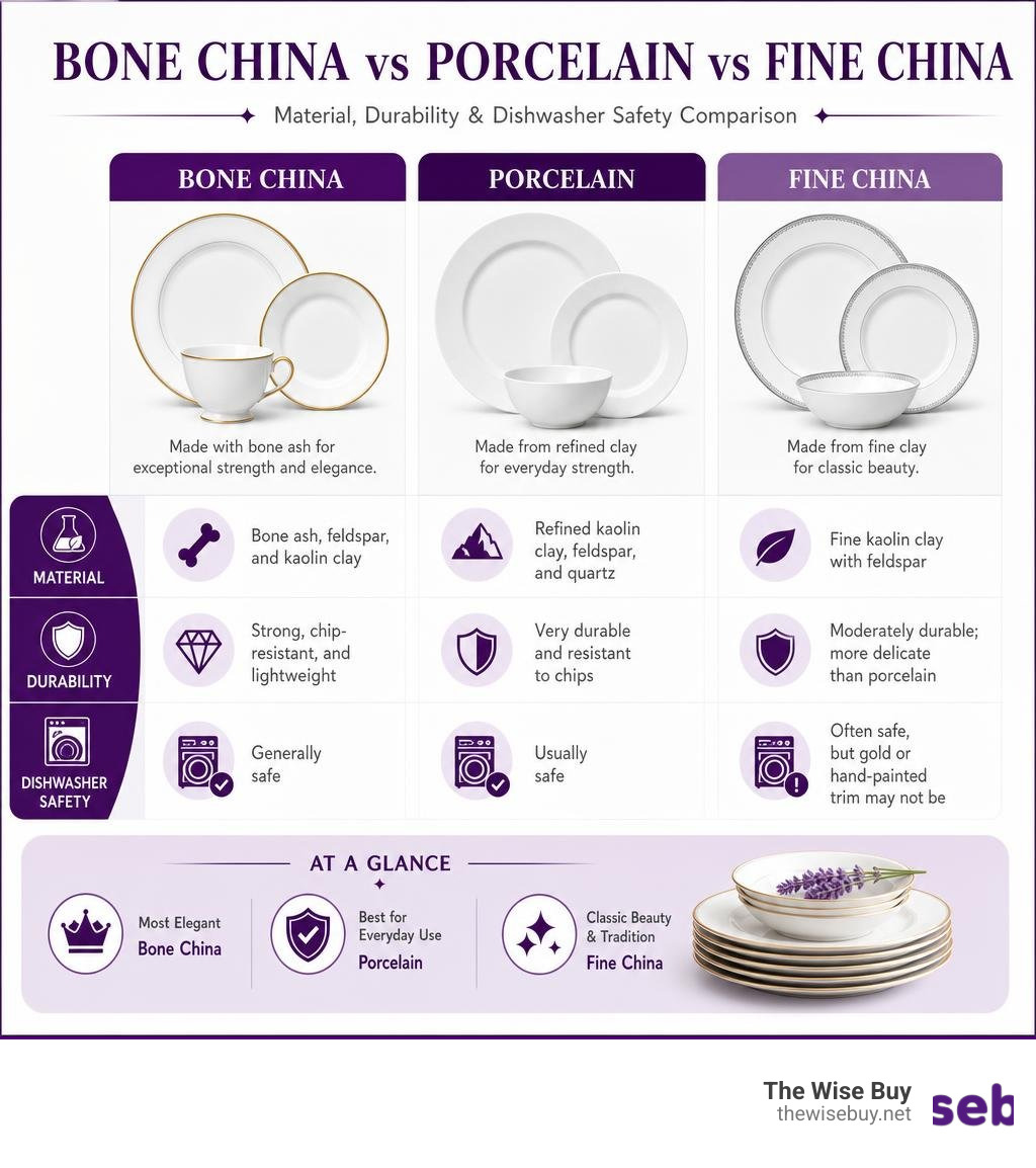 Infographic comparing bone china, porcelain, and fine china dinnerware materials, durability, and dishwasher safety