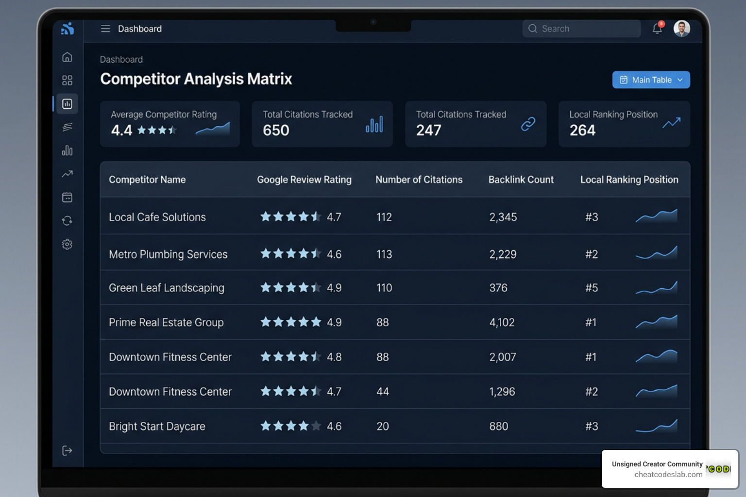 Local SEO competitor matrix analyzing core metrics