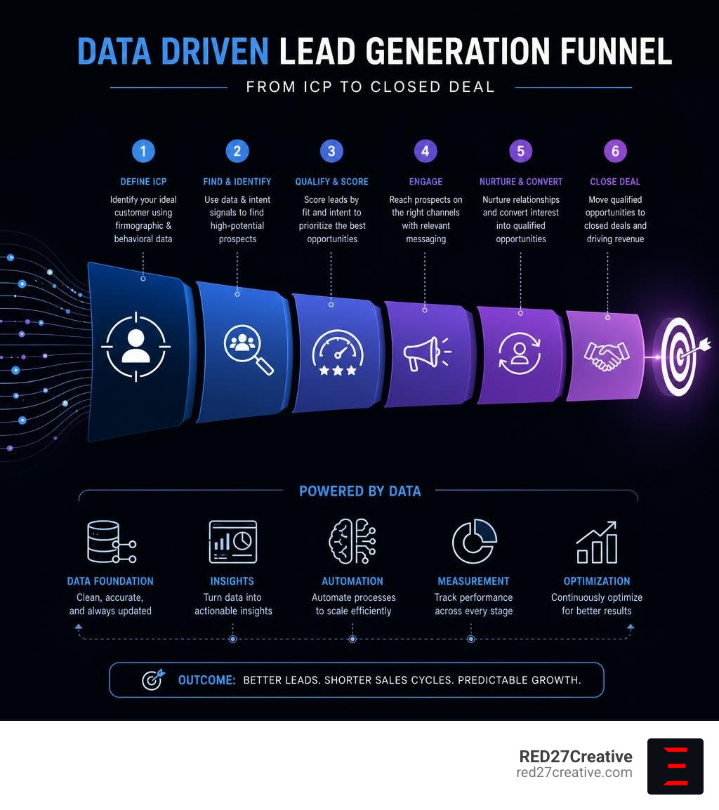 Data driven lead generation funnel from ICP to closed deal with key stages labeled infographic Data driven lead generation funnel from ICP to closed deal with key stages labeled infographic