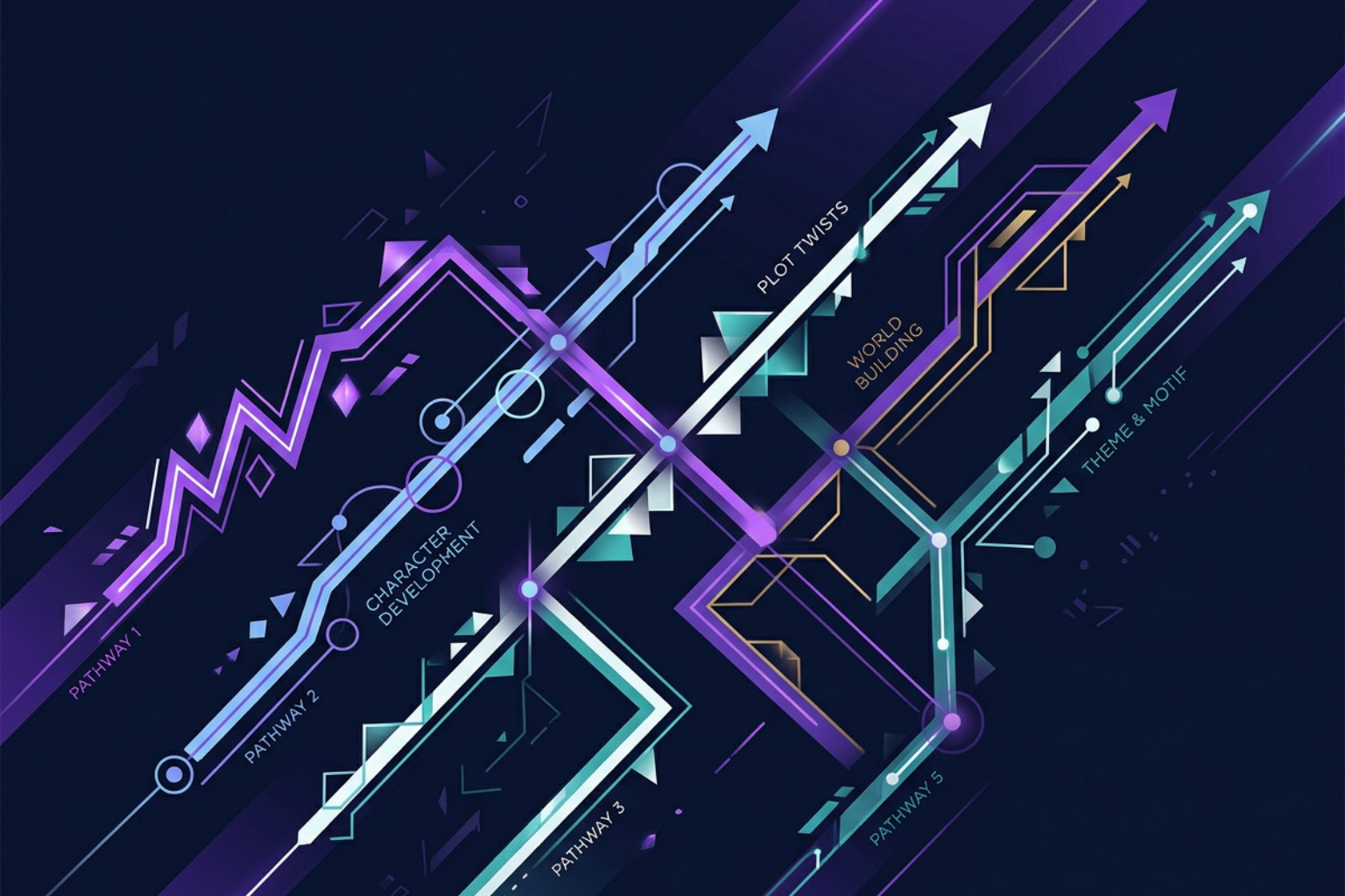 Visualizing five modular storytelling pathways with intersecting geometric shapes