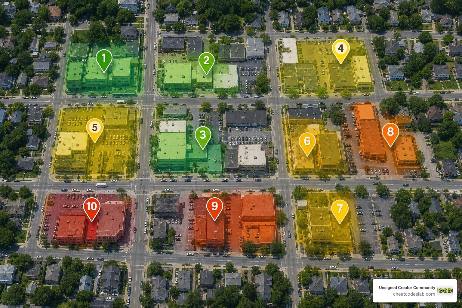 Geo-grid tracking heatmap showing ranking positions across a neighborhood grid
