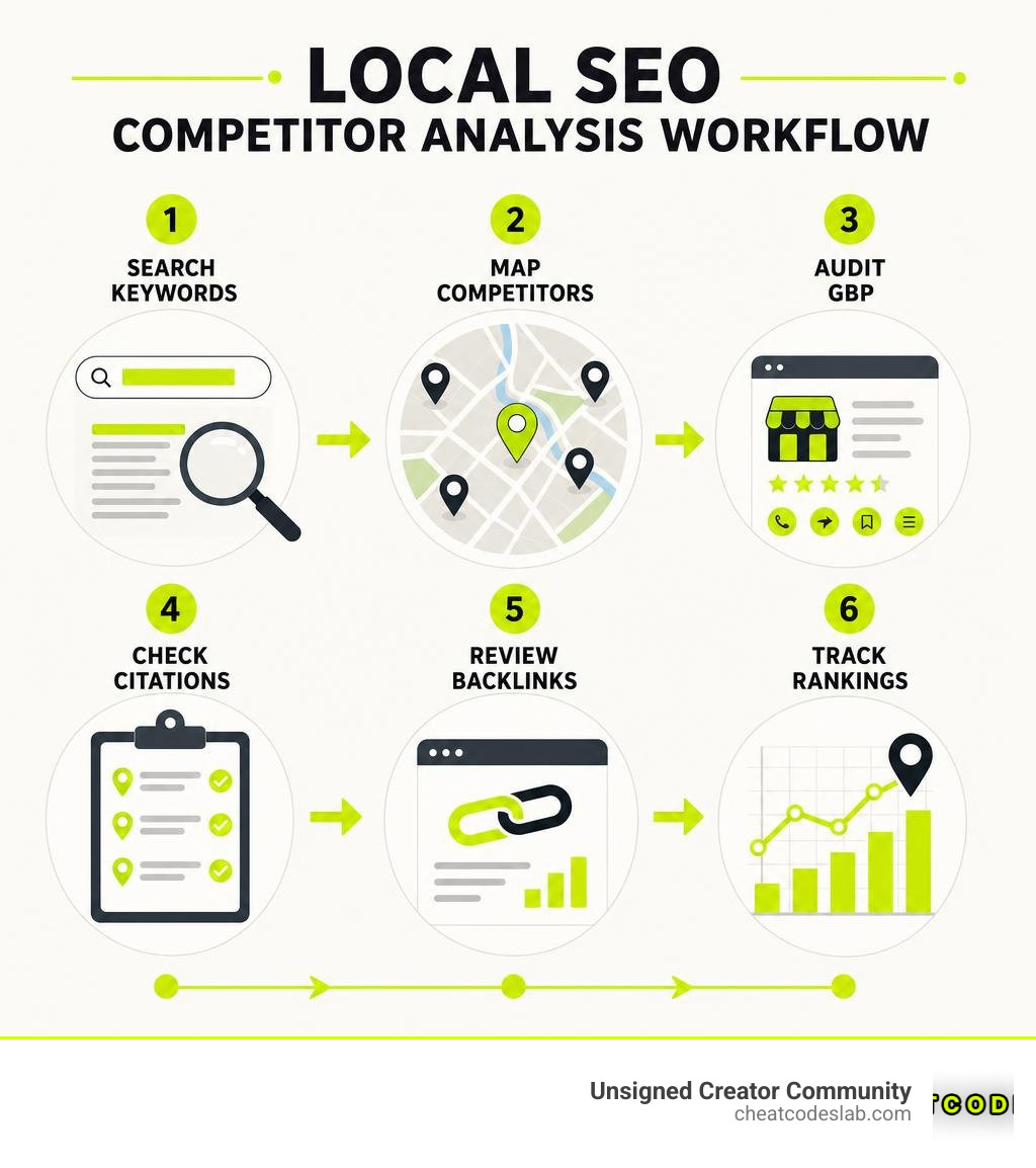 Local SEO competitor analysis workflow: search keywords, map competitors, audit GBP, check citations, review backlinks