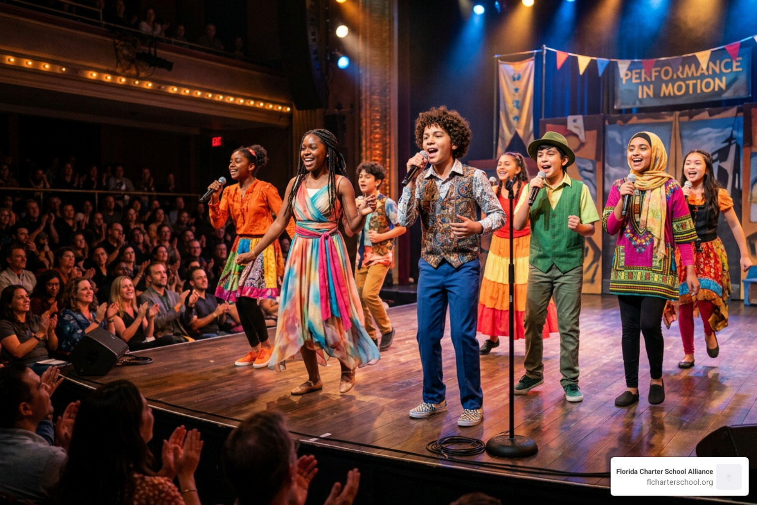 Charter school students performing on a theater stage