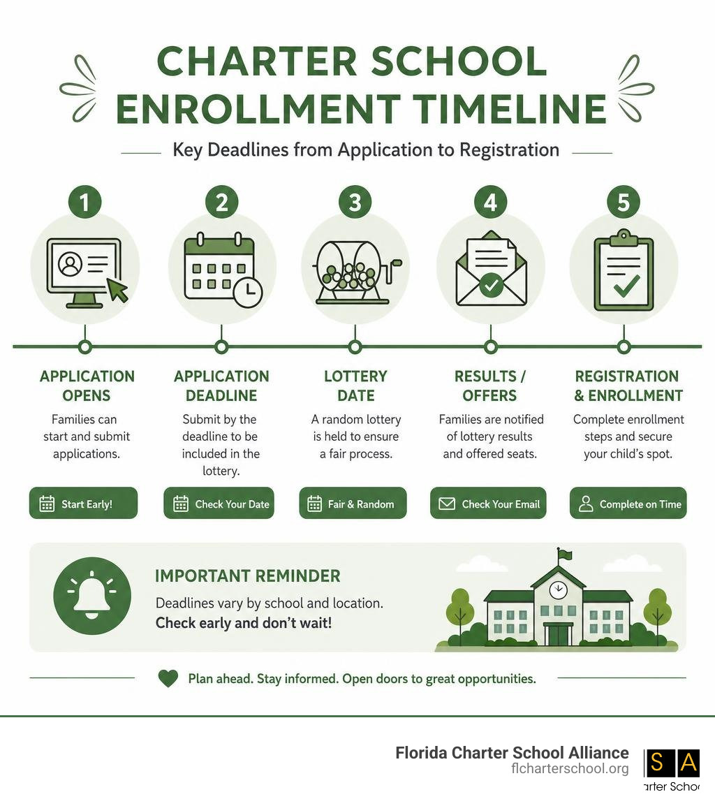 Charter school enrollment timeline infographic showing key deadlines from application open to lottery to registration
