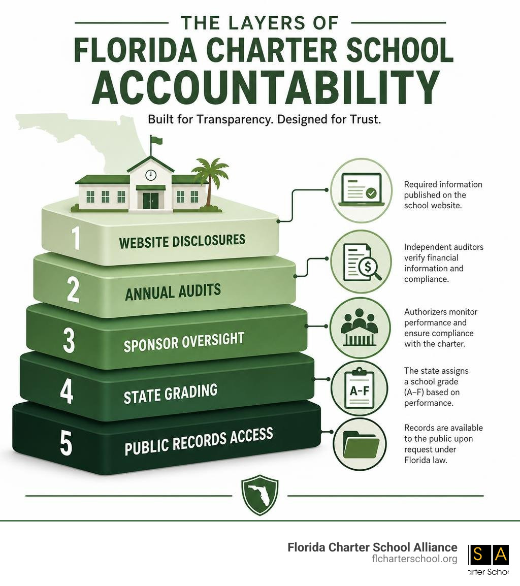 Infographic showing layers of Florida charter school accountability: website disclosures, annual audits, sponsor oversight Infographic showing layers of Florida charter school accountability: website disclosures, annual audits, sponsor oversight