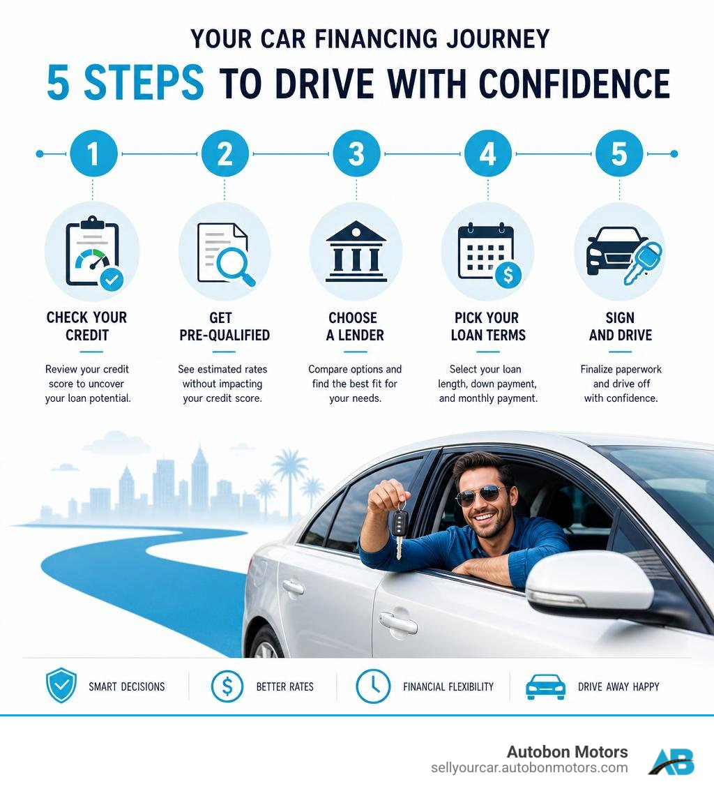 Step-by-step car financing journey from credit check to driving off the lot infographic Step-by-step car financing journey from credit check to driving off the lot infographic