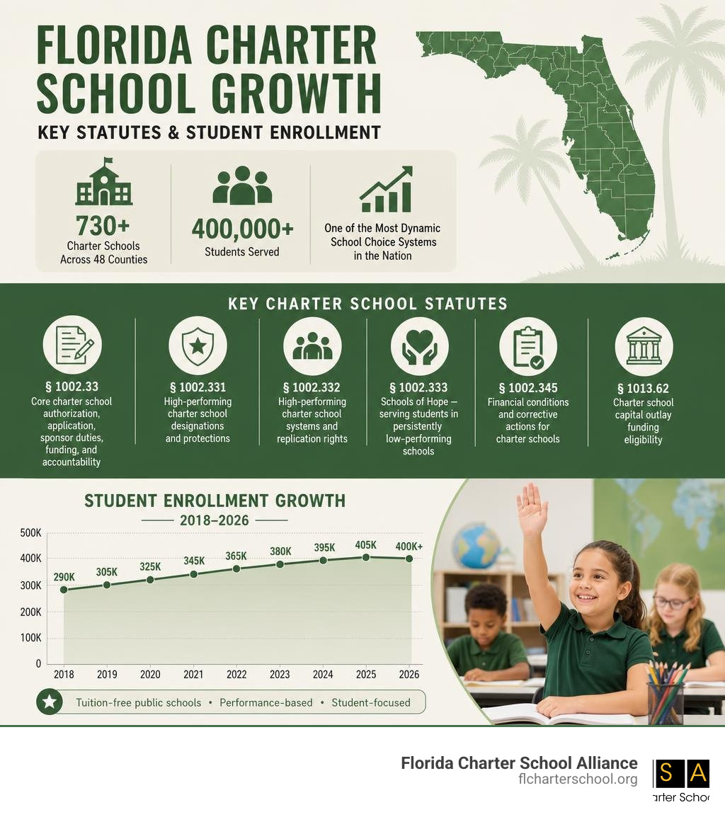 Infographic showing Florida charter school growth, key statutes, and student enrollment from 2018 to 2026 infographic