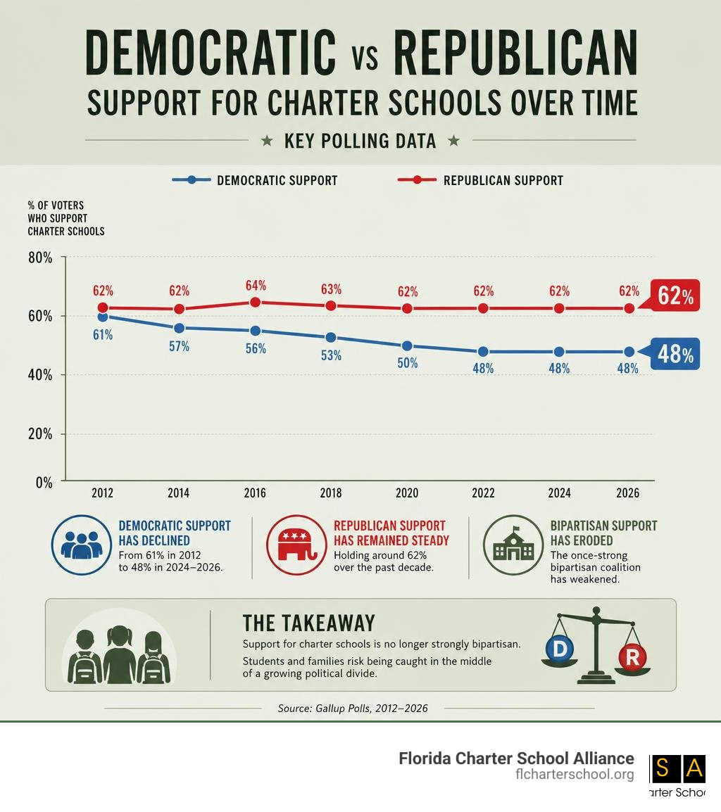Infographic showing Democratic vs Republican support for charter schools over time with key polling data infographic