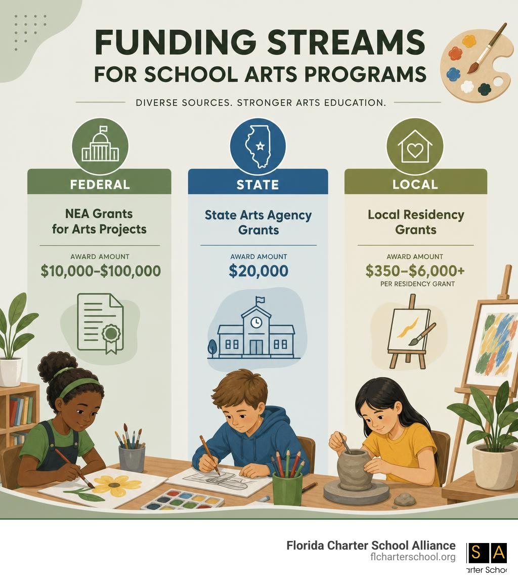 Infographic showing diverse funding streams for school arts programs including federal NEA grants, state arts agency grants