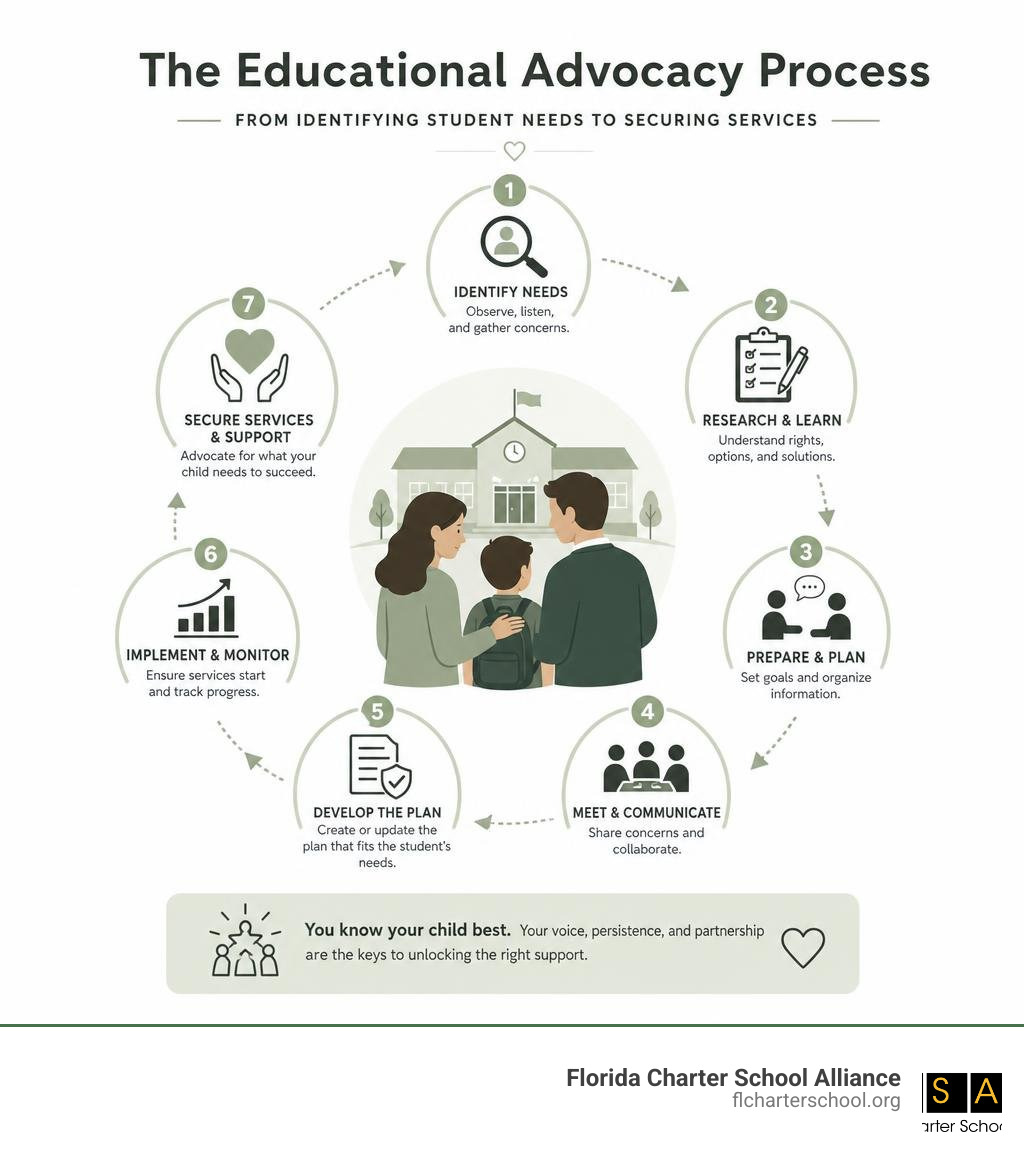 Infographic showing the educational advocacy process from identifying student needs to securing services infographic Infographic showing the educational advocacy process from identifying student needs to securing services infographic