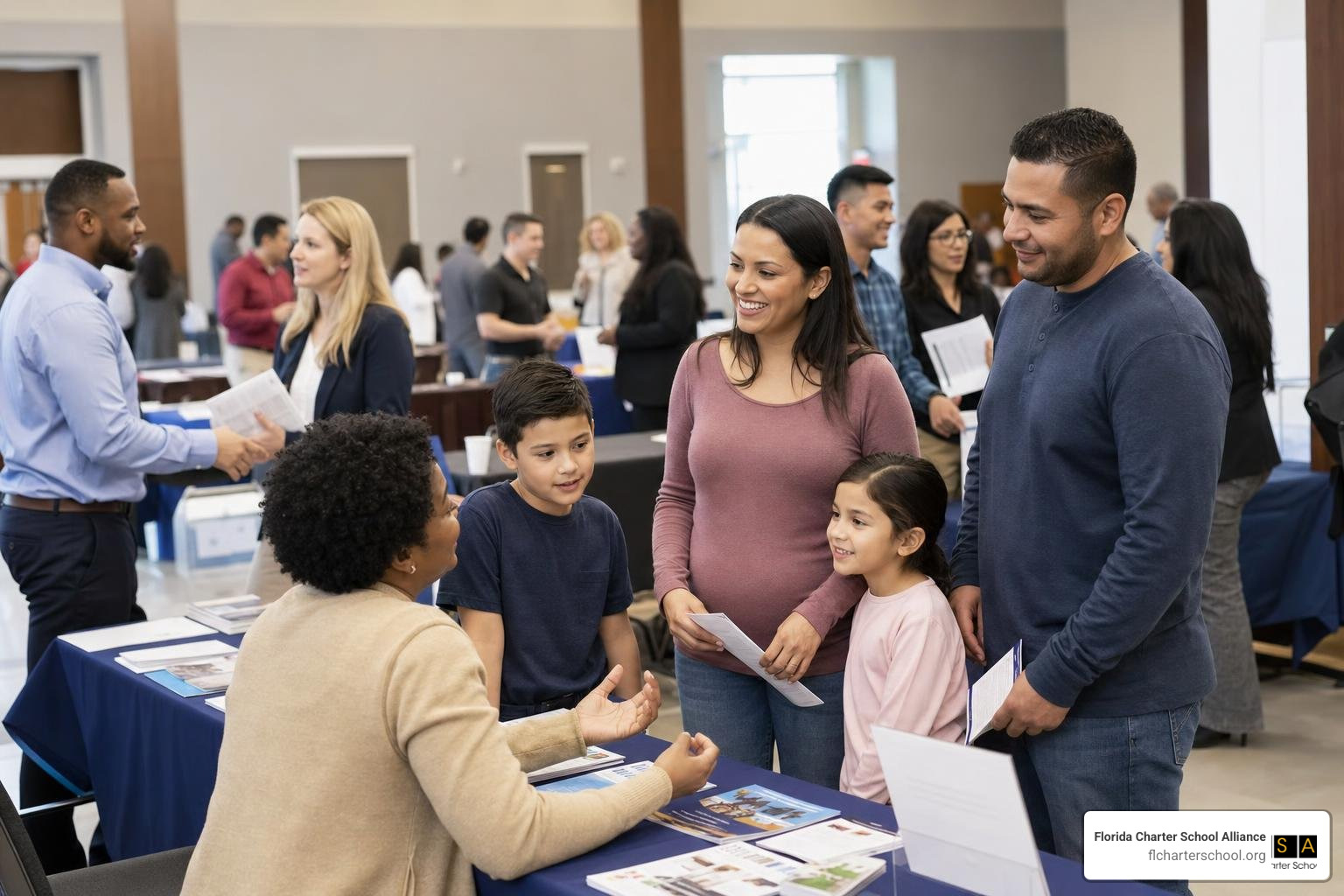 Parents discussing education options at a school choice fair
