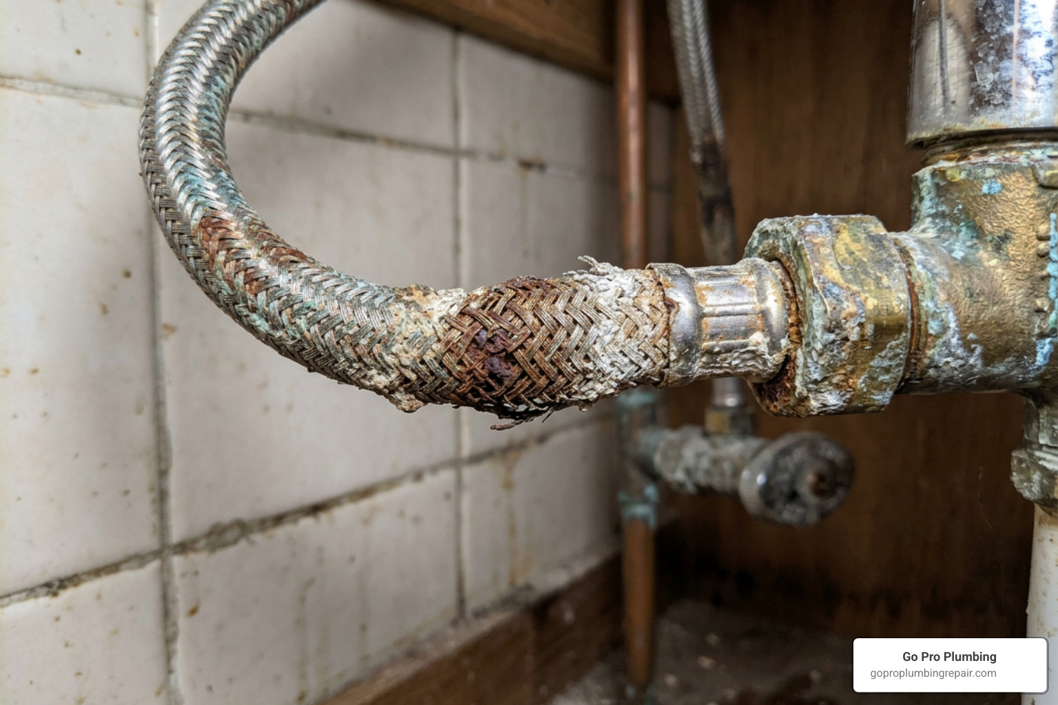 Corroded braided steel supply line showing signs of mineral buildup and rust