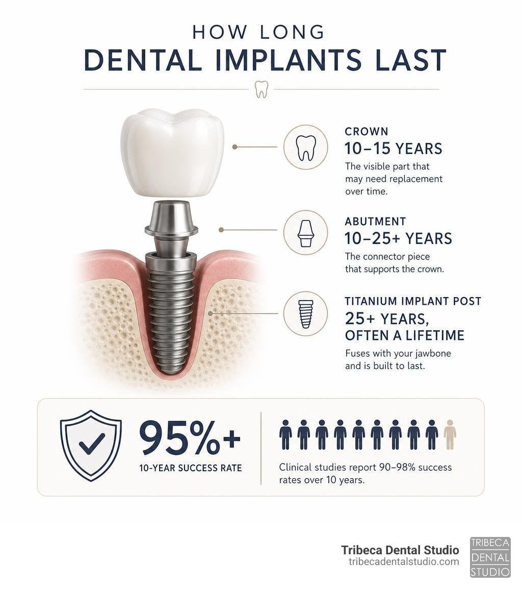 Infographic showing dental implant lifespan: titanium post lasts lifetime, crown lasts 10-15 years, 95%+ 10-year success