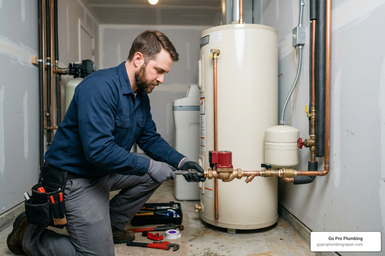 plumber installing a bronze recirculation pump onto a hot water tank return line