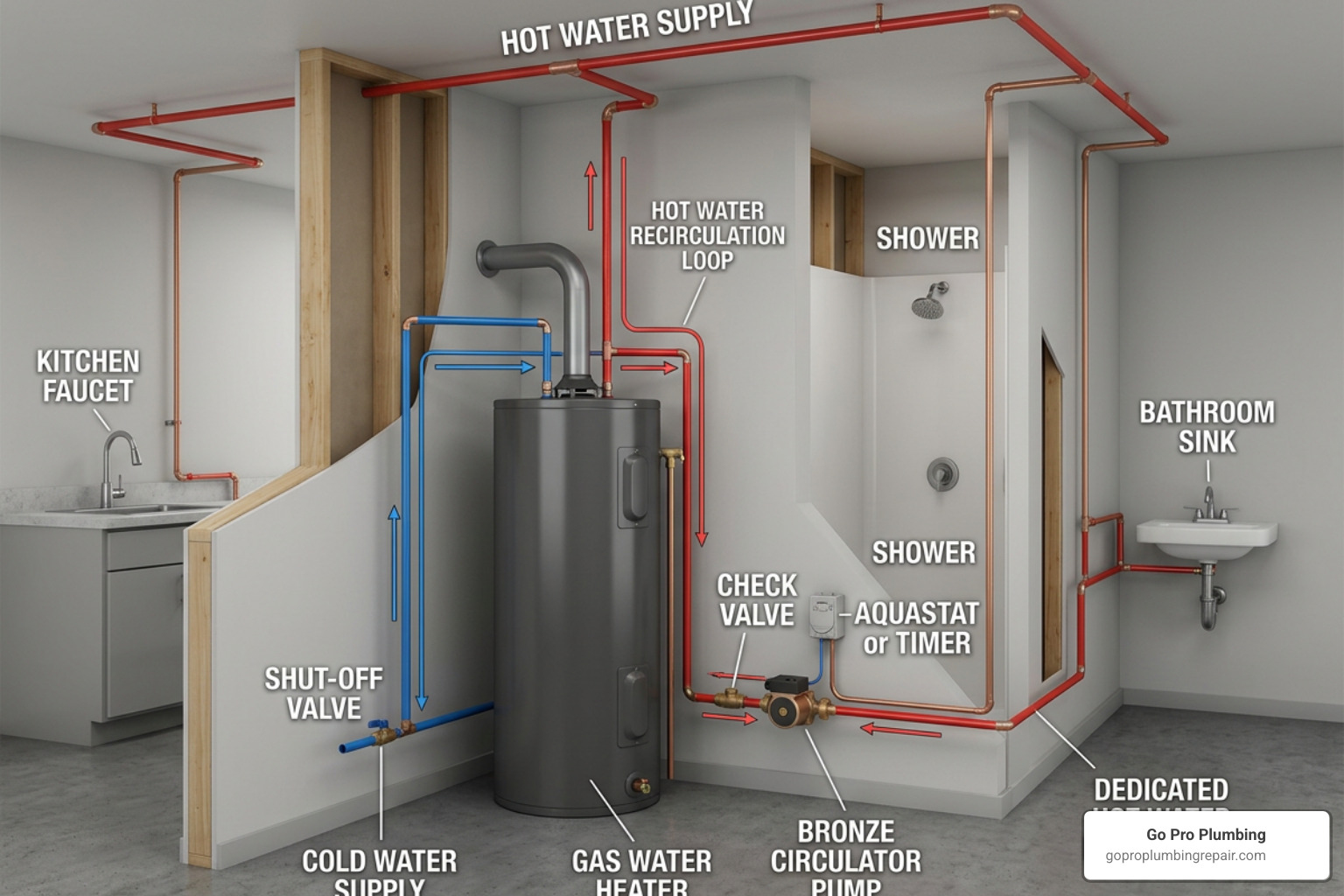 hot water loop diagram showing the path of hot water and the return line