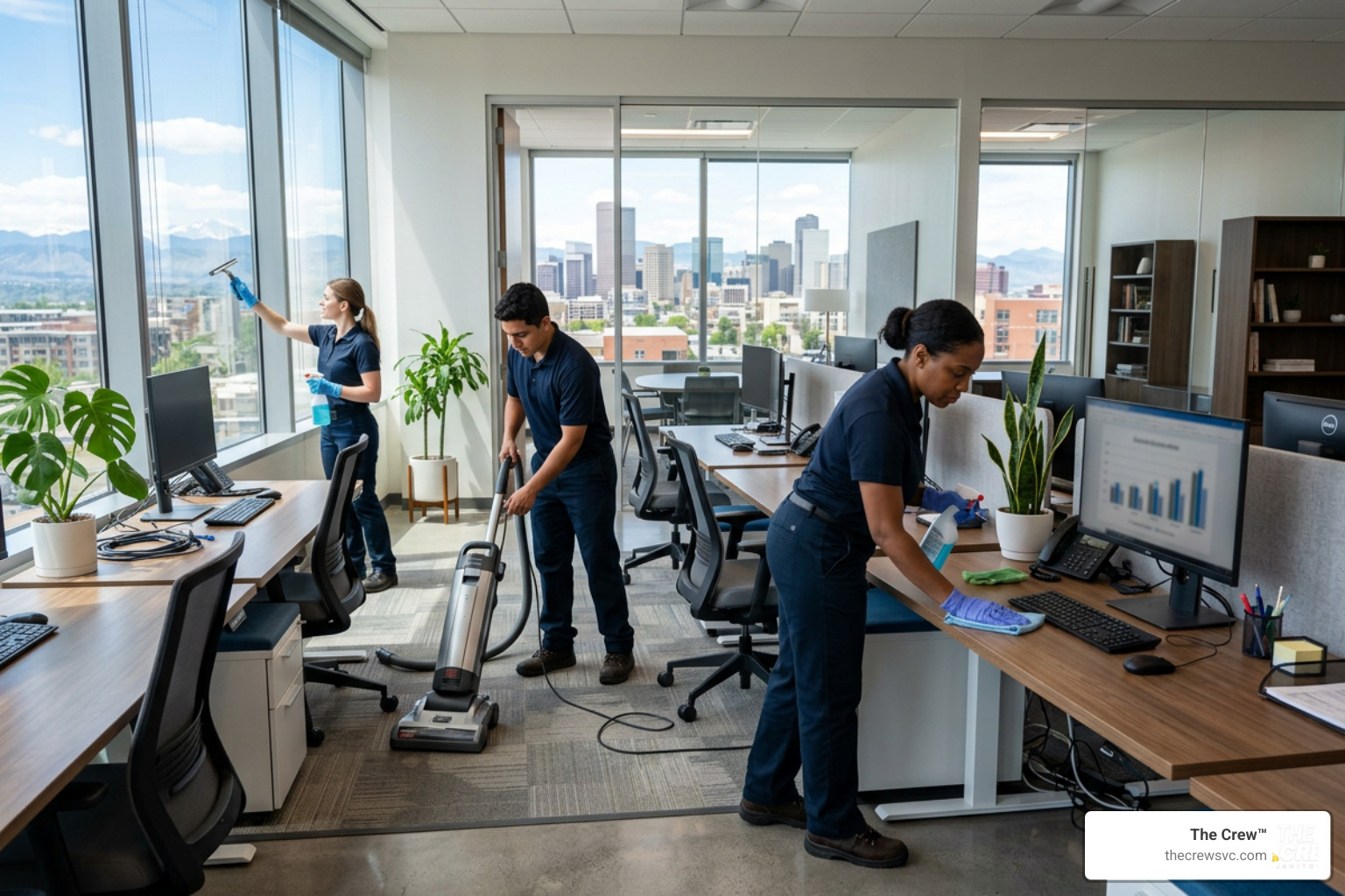 professional cleaning crew cleaning a Denver office space professional cleaning crew cleaning a Denver office space