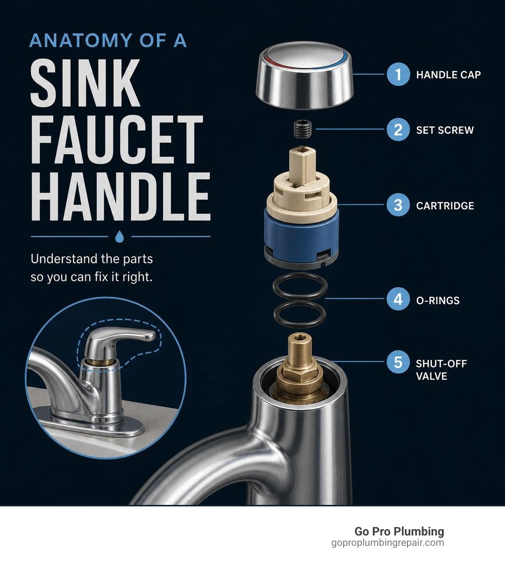 Anatomy of a sink faucet handle showing handle cap, set screw, cartridge, O-rings, and shut-off valve infographic