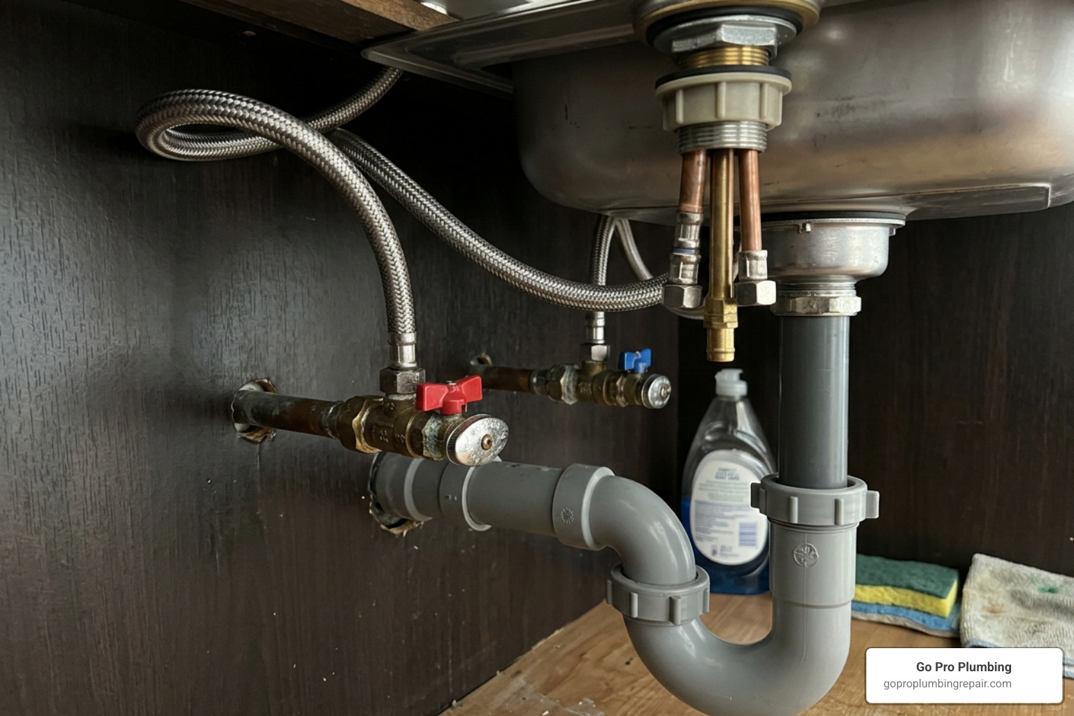 Under-sink plumbing connections showing water shutoff valves and mounting hardware