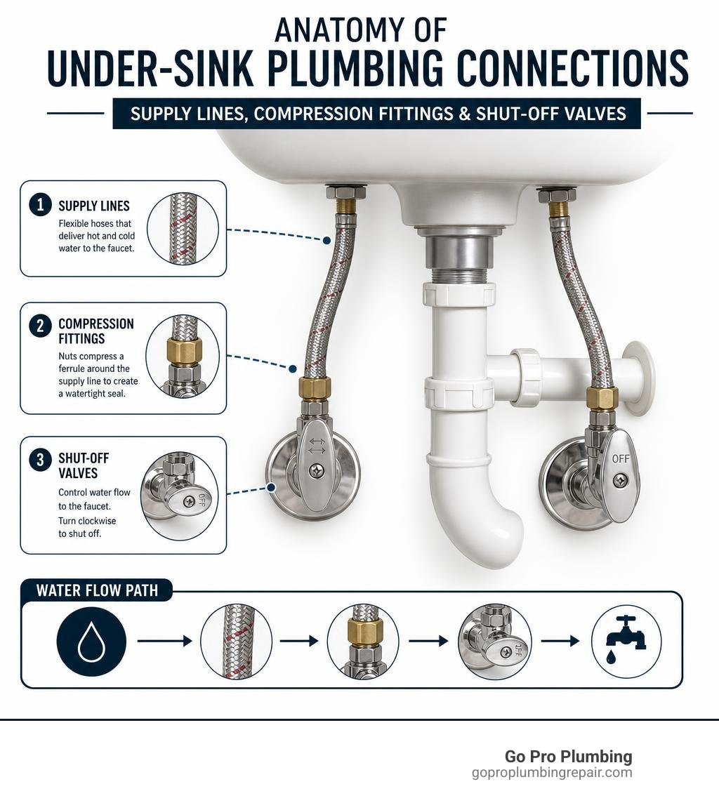 Anatomy of under-sink plumbing connections showing supply lines, compression fittings, and shut-off valves infographic