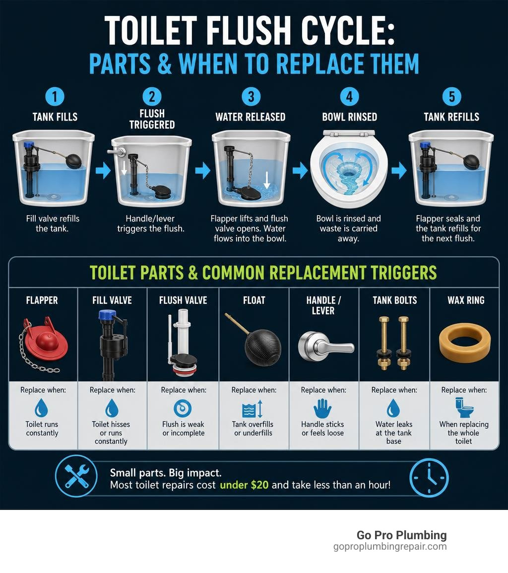 Infographic showing toilet flush cycle parts and common replacement triggers infographic