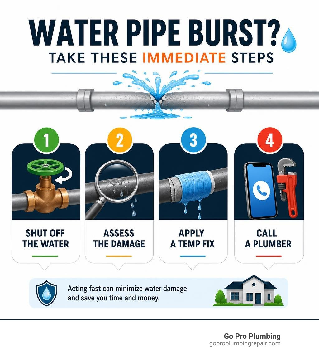 Immediate steps to take when a water pipe bursts: shut off water, assess damage, apply temp fix, call plumber infographic