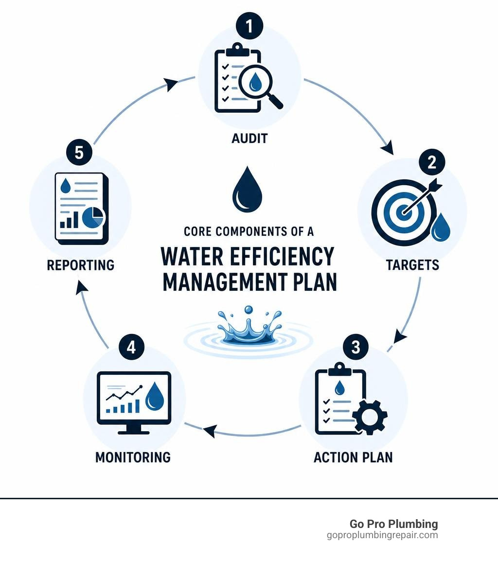 Core components of a water efficiency management plan: audit, targets, action plan, monitoring, reporting infographic