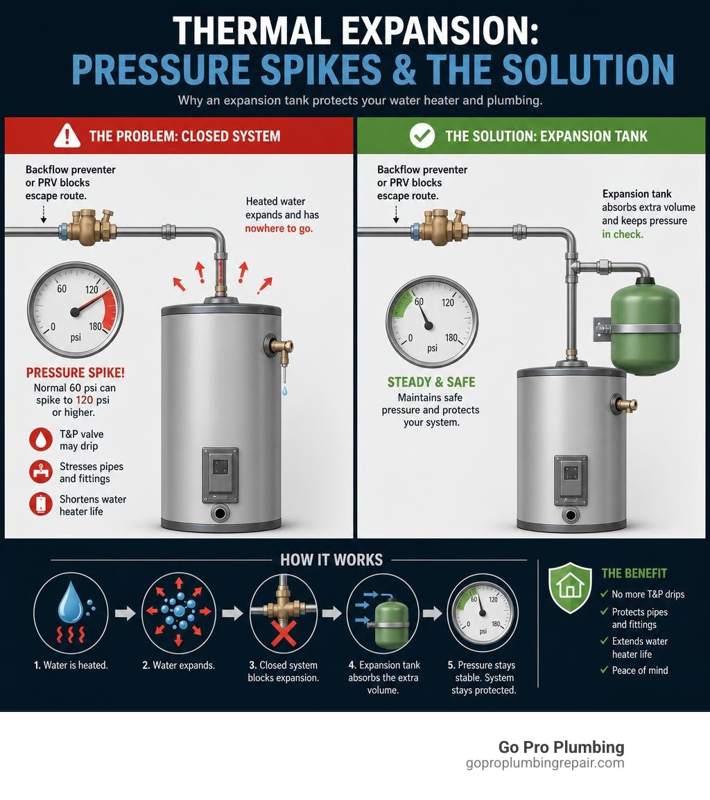 How thermal expansion causes pressure spikes in closed plumbing systems and how an expansion tank solves it infographic How thermal expansion causes pressure spikes in closed plumbing systems and how an expansion tank solves it infographic