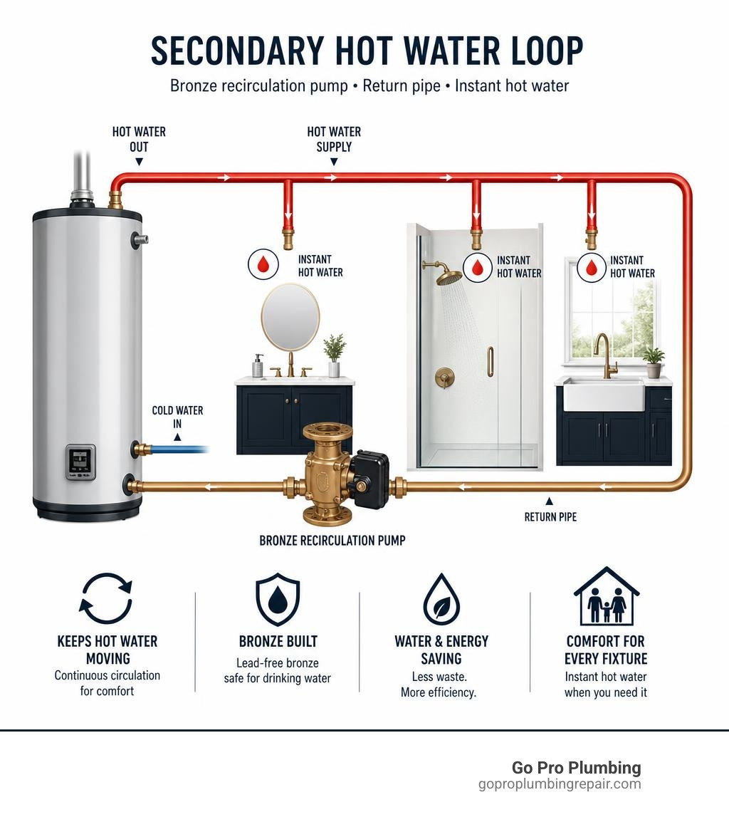 Infographic showing a secondary hot water loop with bronze recirculation pump, return pipe, and instant hot water delivery
