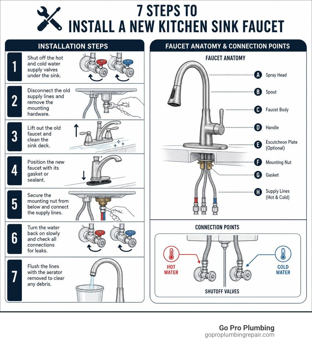 Infographic showing 7 steps to install a new kitchen sink faucet with faucet anatomy and connection points labeled