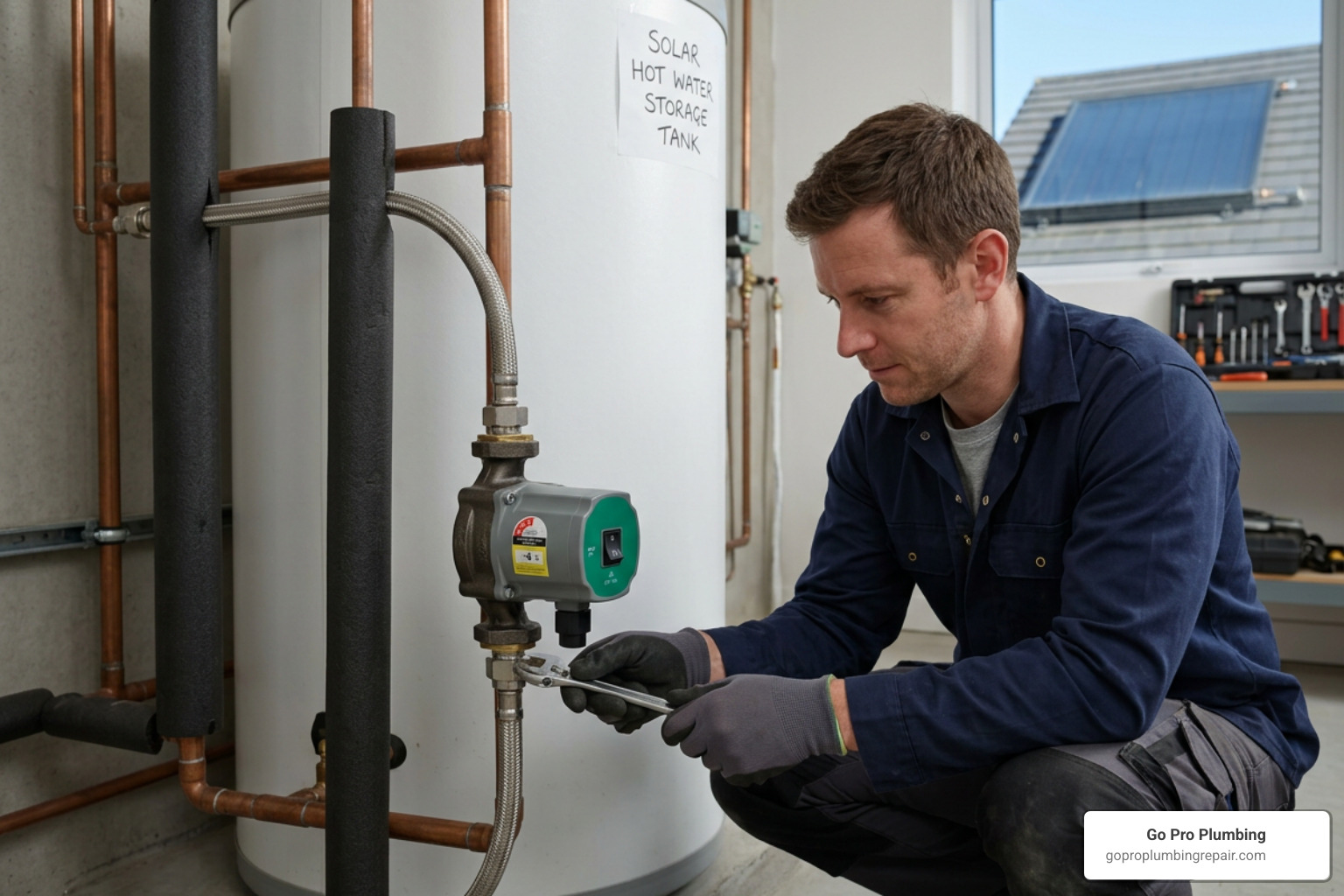 Go Pro Plumbing expert technician installing a hot water recirculating pump