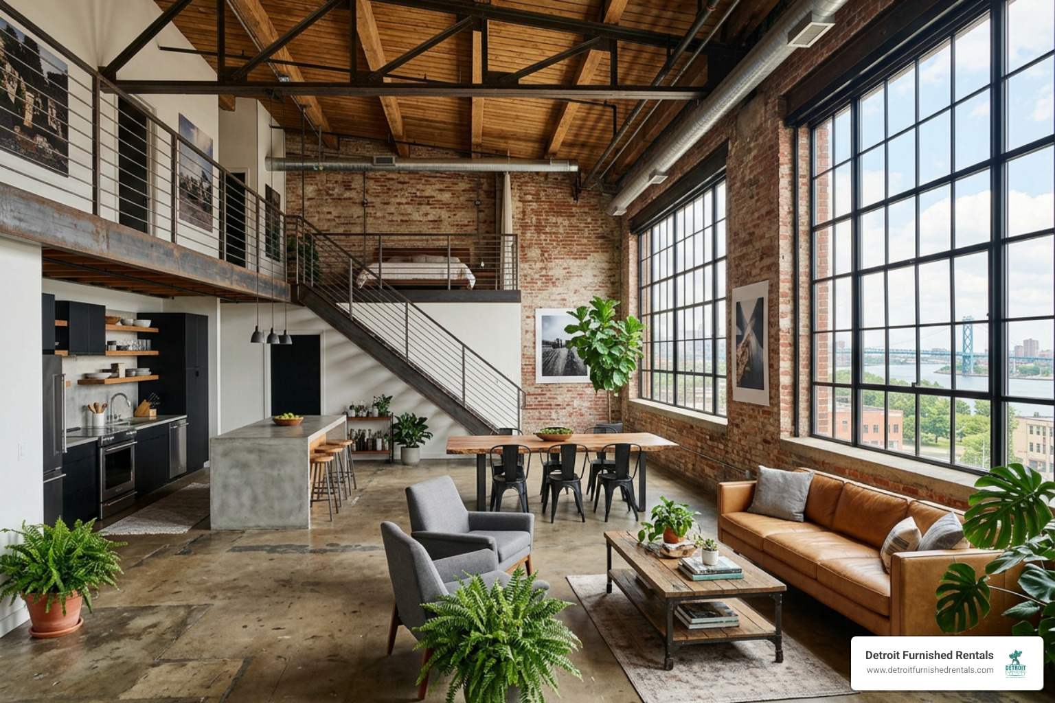 spacious Detroit industrial loft with large windows and brick walls spacious Detroit industrial loft with large windows and brick walls