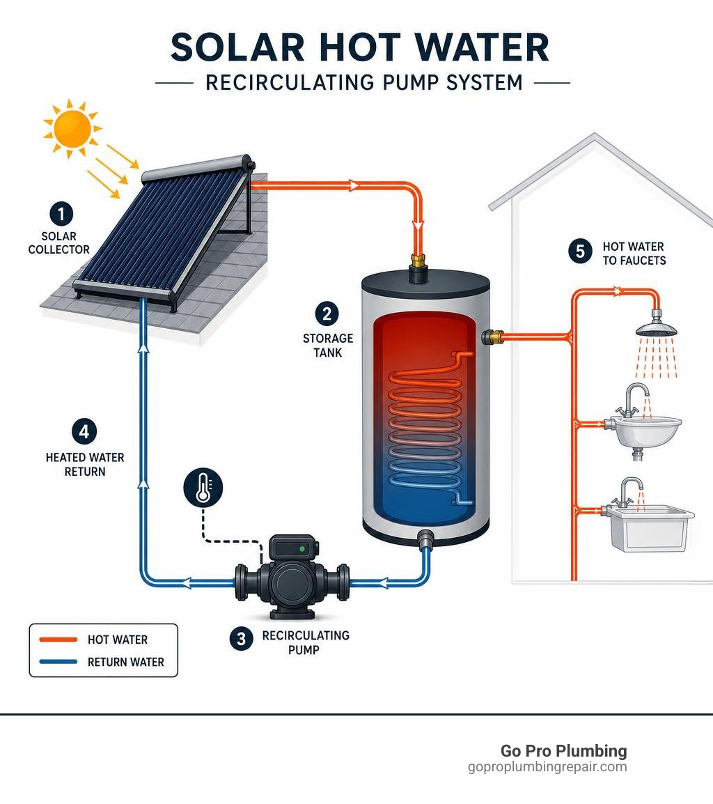 Infographic showing solar water heating loop with pump, collector, storage tank, and hot water delivery to faucets