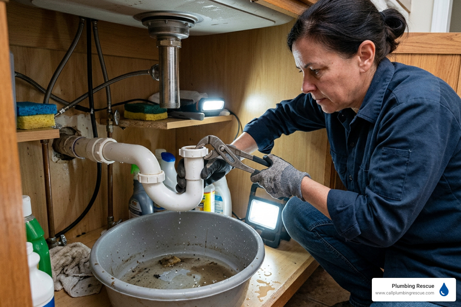 Removing P-trap under the kitchen sink over a plastic bucket
