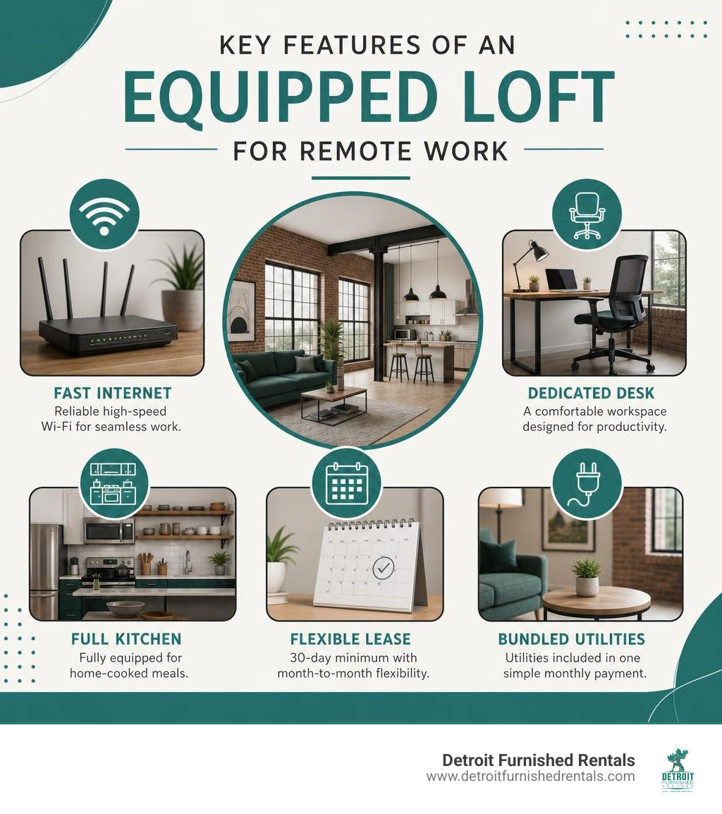 infographic showing key features of an equipped loft for remote work: fast internet, dedicated desk, full kitchen, flexible infographic showing key features of an equipped loft for remote work: fast internet, dedicated desk, full kitchen, flexible