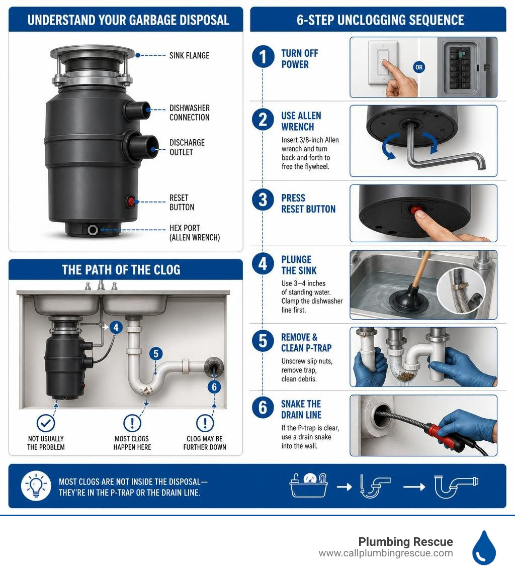 step-by-step infographic showing garbage disposal anatomy and unclogging sequence from Allen wrench to P-trap infographic