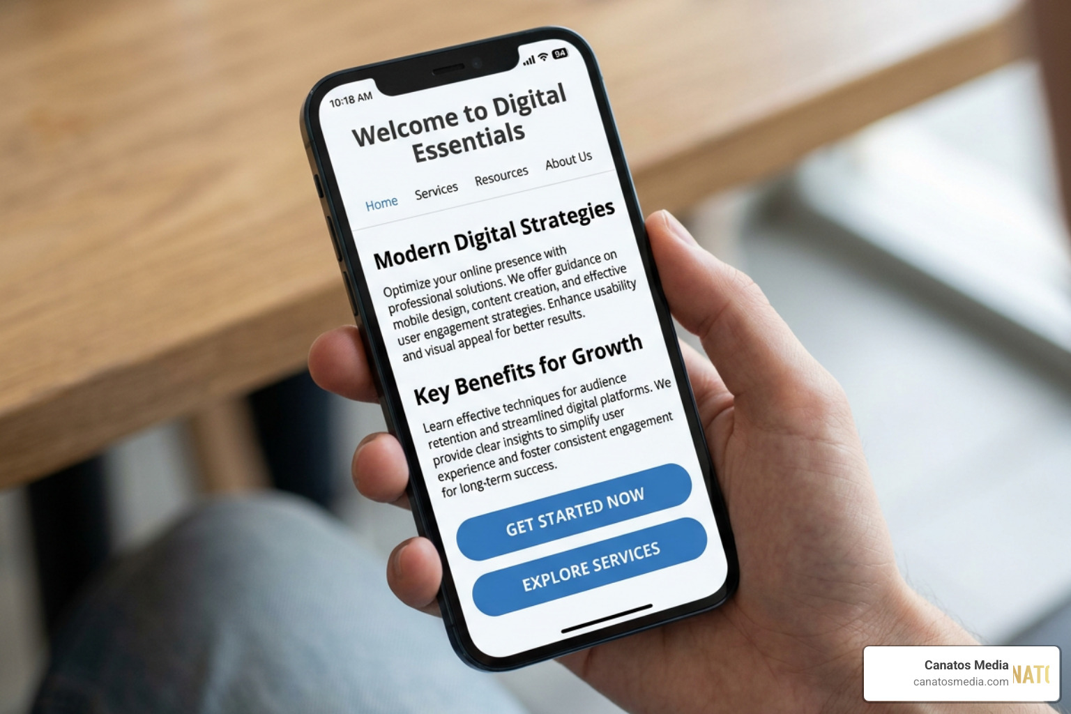 Diagram showing optimized mobile content layout with clear headlines, short scannable paragraphs, large tap-friendly